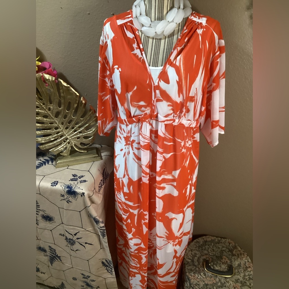 Nina Leonard Orange and White Floral Maxi Dress - Picture 5 of 16